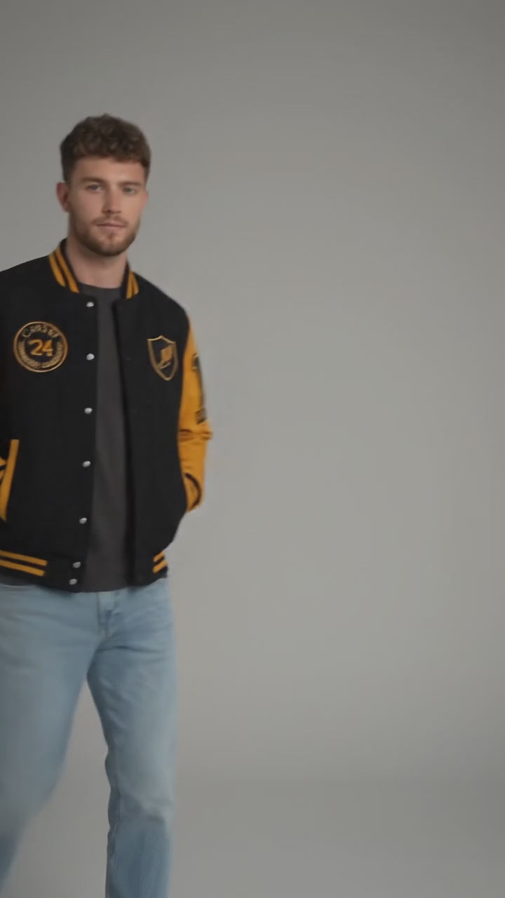 Men’s Yellow & Black Wool Varsity Jacket – Retro Letterman Streetwear Style