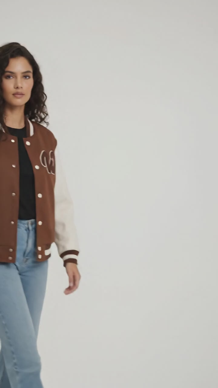 brown body with white leather sleeves varsity womens jacket