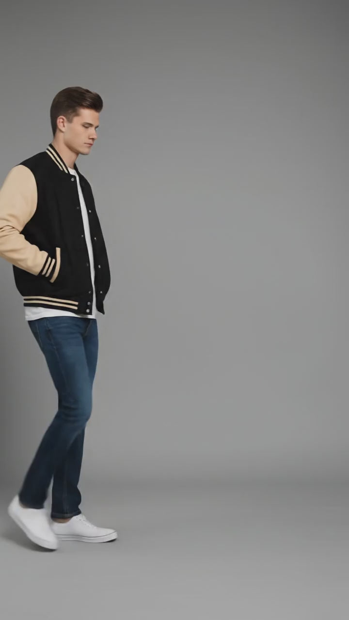 black body cream leather sleeves varsity jacket men