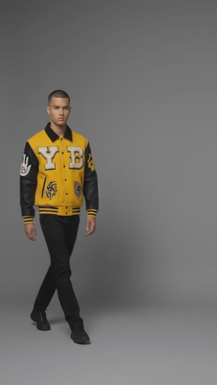 Men’s Yellow & Black Varsity Jacket – Retro Patchwork Leather Letterman