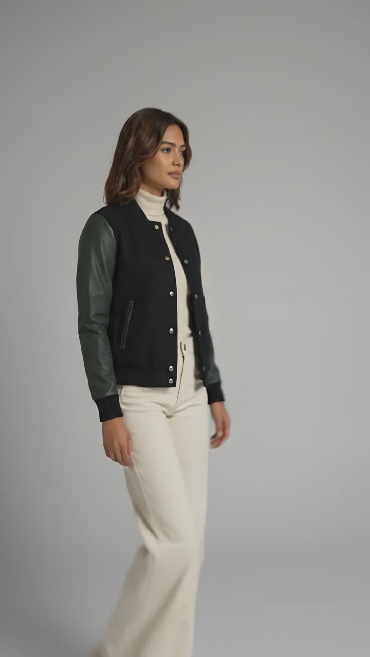 Black & Sea Green Women’s Leather Varsity Jacket