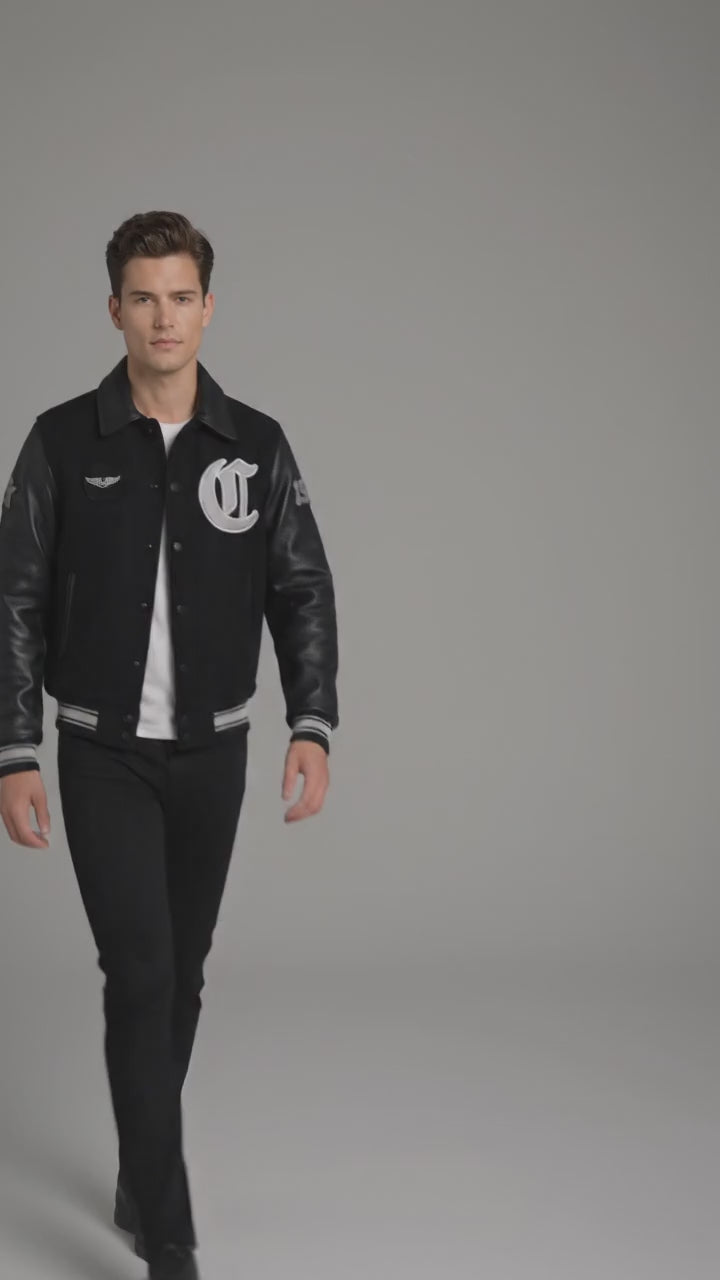 Men’s Black Varsity Style Jacket – Wool Letterman Jacket Retro Streetwear