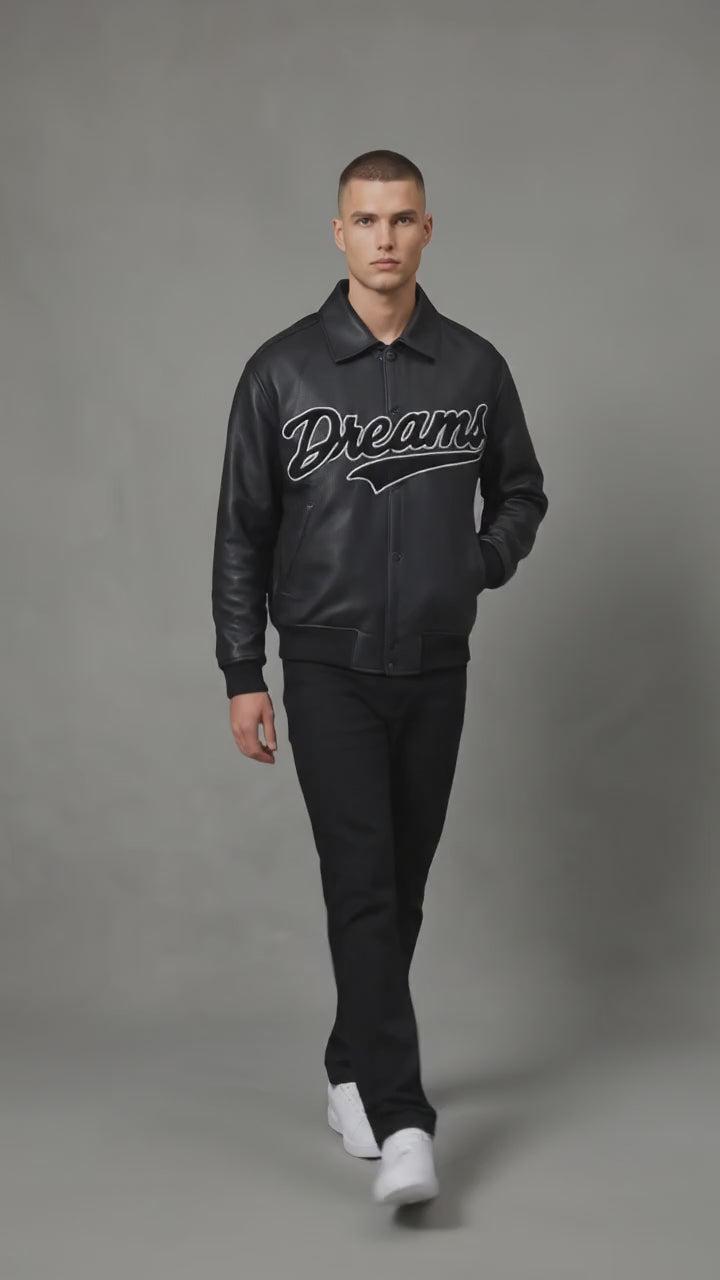 Men’s Black Leather Varsity Jacket – Oversized Embroidered Logo Letterman