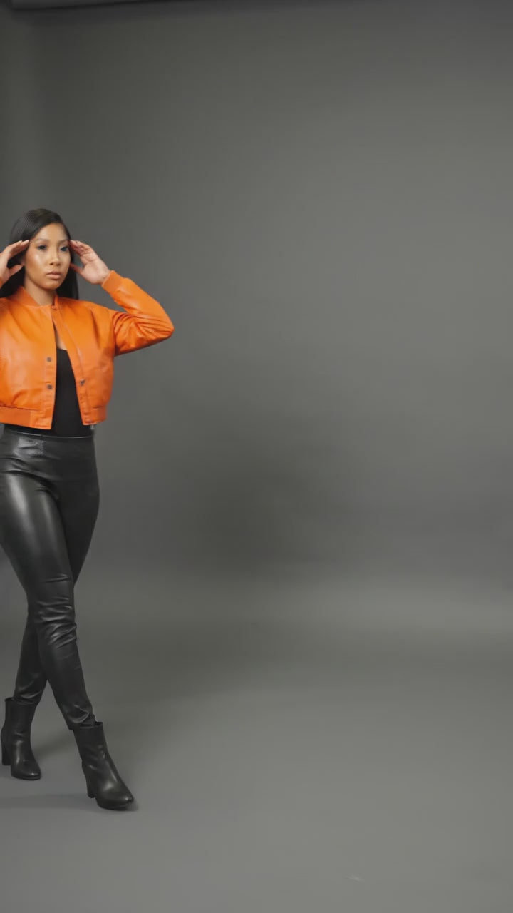 Radiant Orange Leather Women’s Varsity Jacket