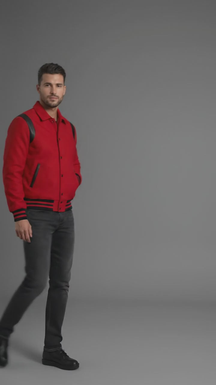 Men’s Red Wool Varsity Jacket – Classic Bomber Letterman Style