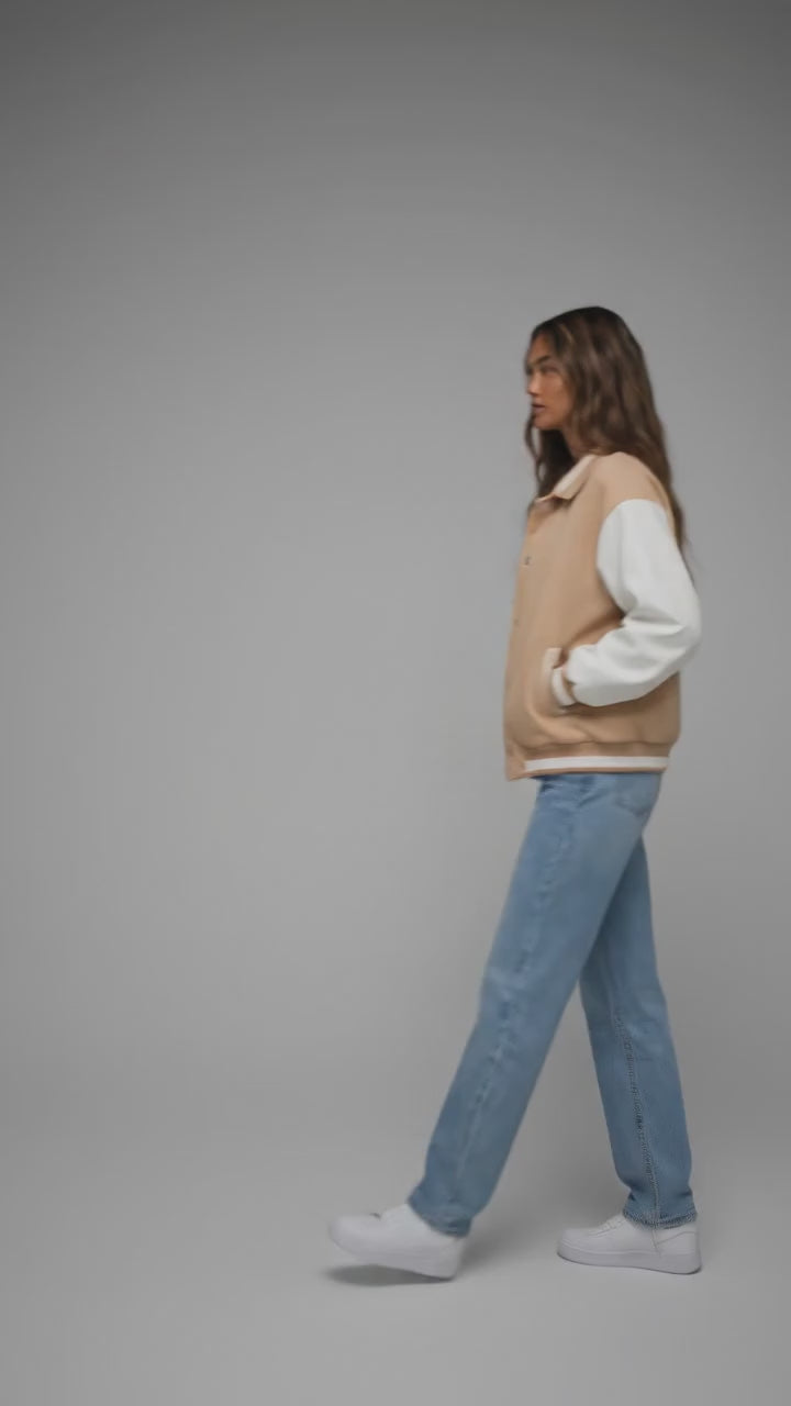 Beige Bloom Classic Cream Varsity Jacket for Women