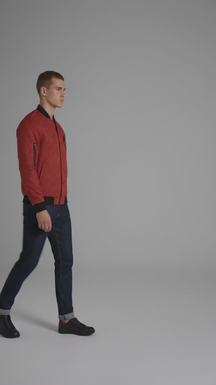 Men’s Red Casual Varsity Jacket – Button Down Long Sleeve Letterman Style