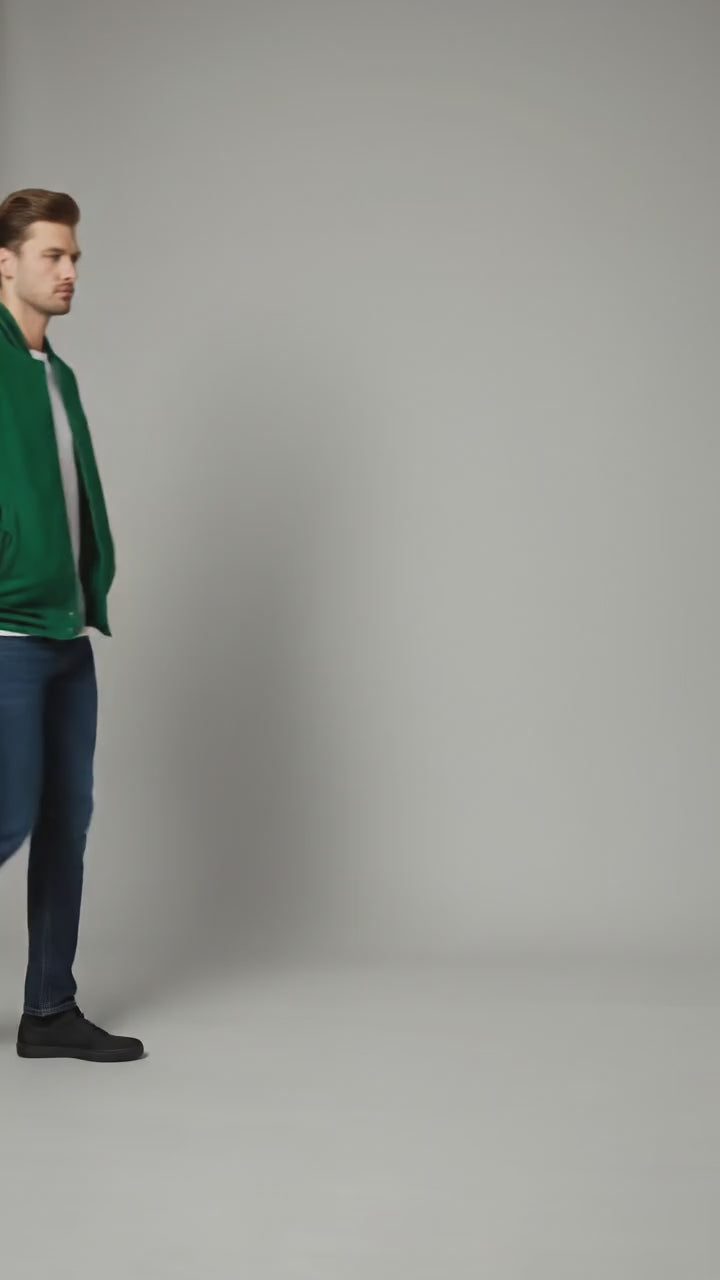 green body black leather sleeves varsity jacket men