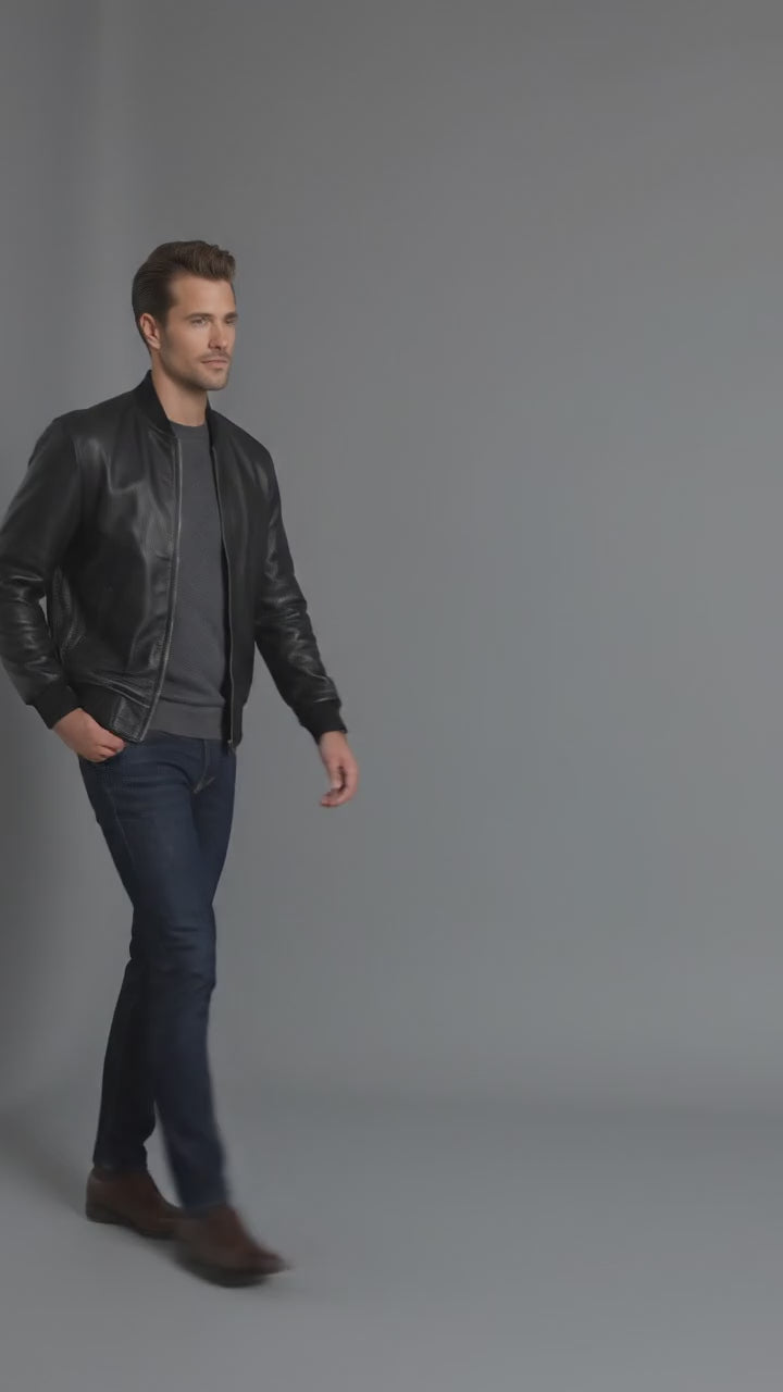 Men’s Genuine Cowhide Leather Varsity Jacket – Black Slim Fit Streetwear Style