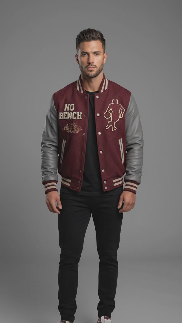 Embroidered Basketball Varsity Jacket – Handmade Leather Sleeve Letterman