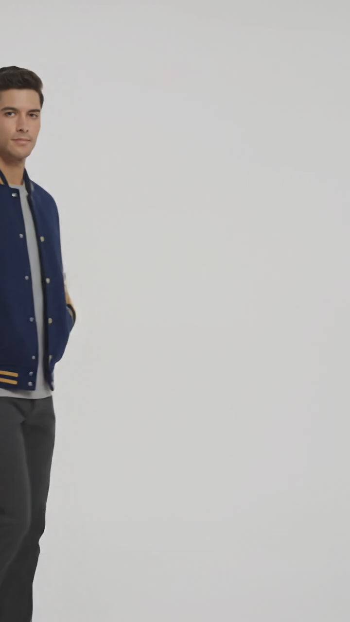 blue body yellow leather sleeves varsity jacket men