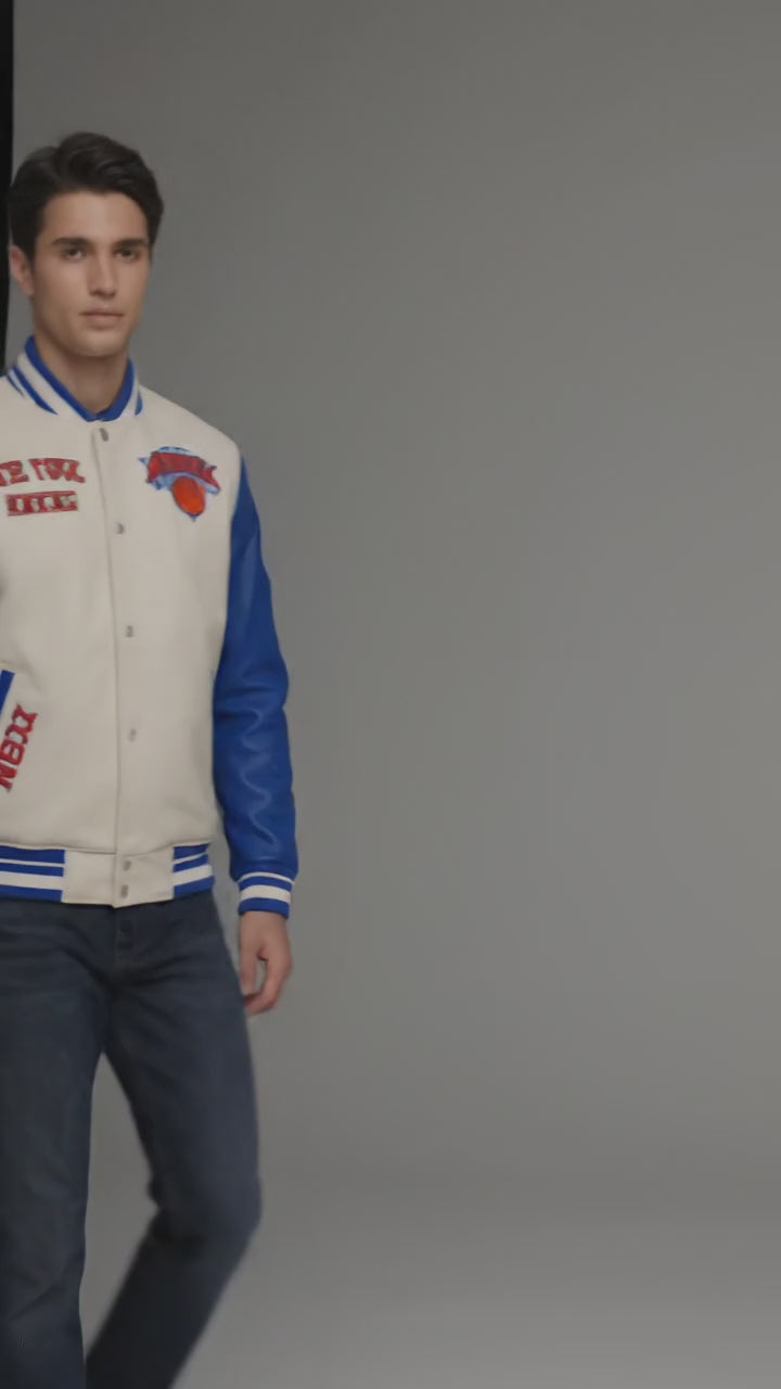 New York Knicks Varsity Jacket – Cream & Blue Leather Letterman
