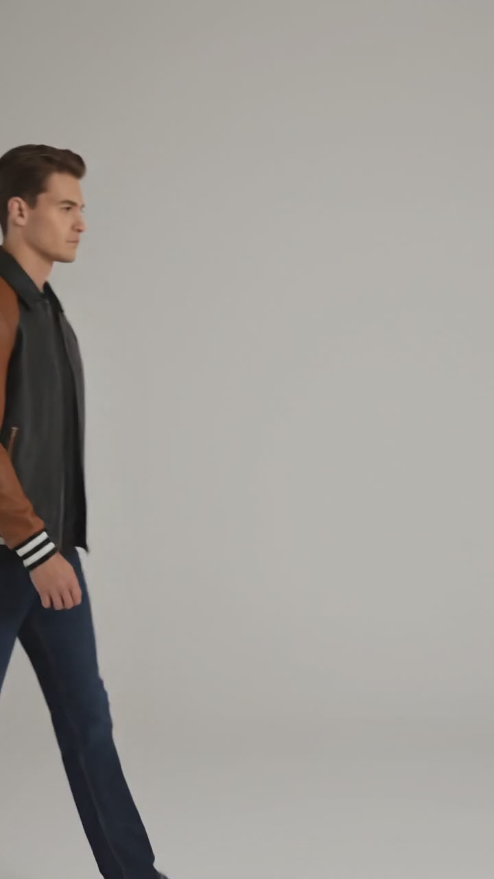 black body brown sleeves leather varsity jacket