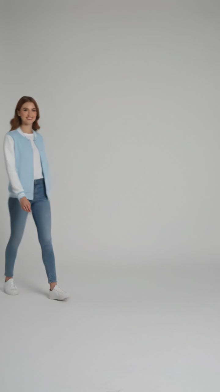 sky blue body with white leather sleeves womens  varsity jacket