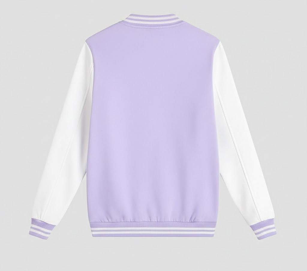 purple body with white leather sleeves womens  varsity jacket
