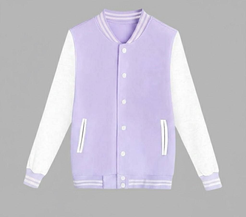 purple body with white leather sleeves womens  varsity jacket