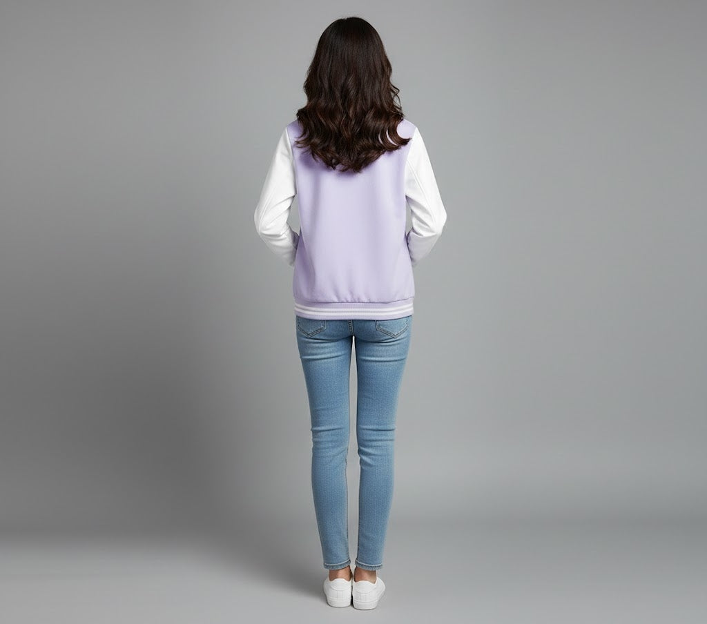 purple body with white leather sleeves womens  varsity jacket