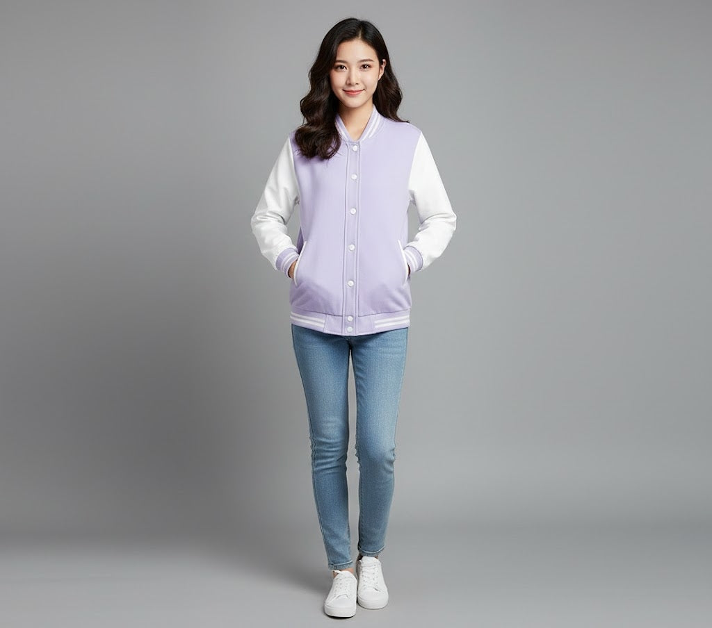 purple body with white leather sleeves womens  varsity jacket
