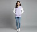 purple body with white leather sleeves womens  varsity jacket