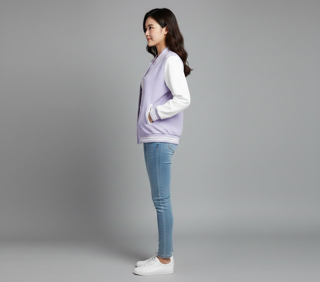purple body with white leather sleeves womens  varsity jacket