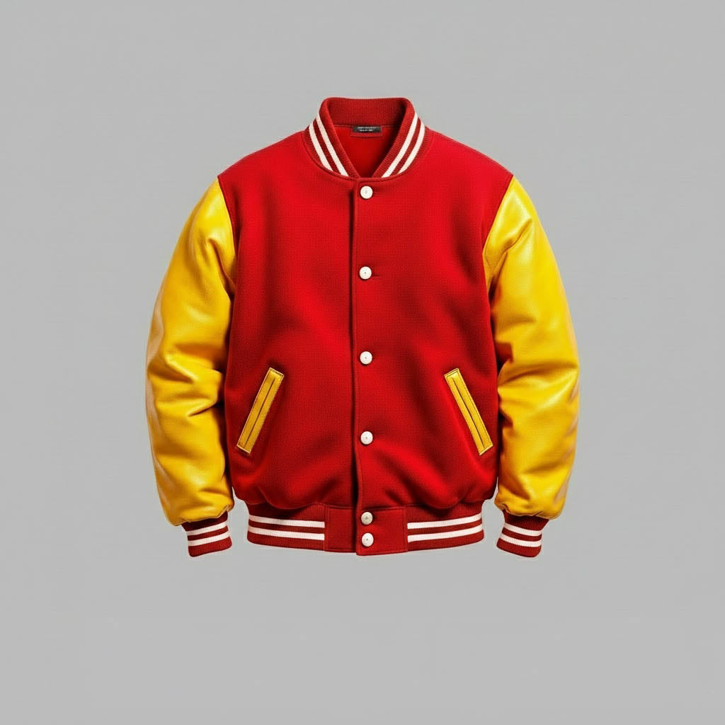 Men’s Red & Yellow Leather sleeves Varsity Jacket