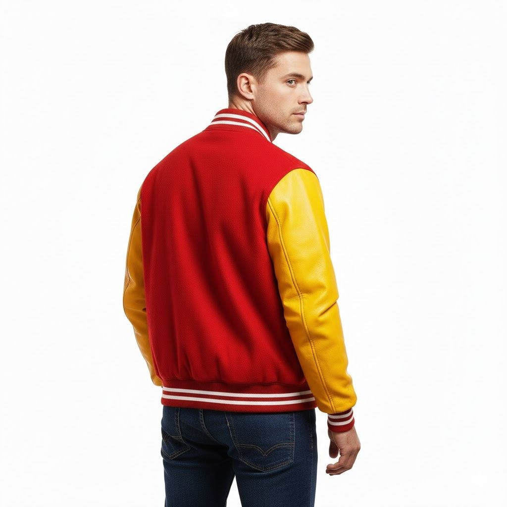 Men’s Red & Yellow Leather sleeves Varsity Jacket
