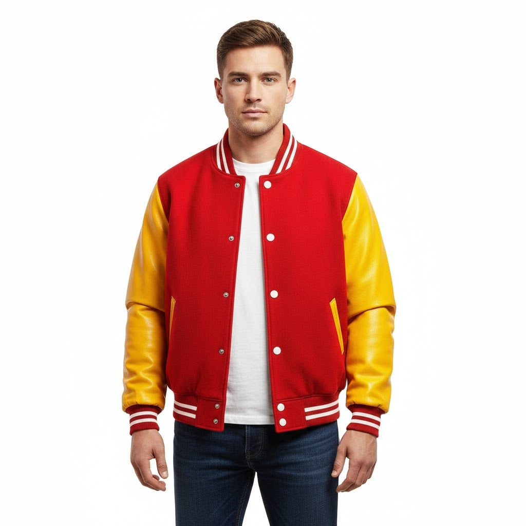 Men’s Red & Yellow Leather sleeves Varsity Jacket