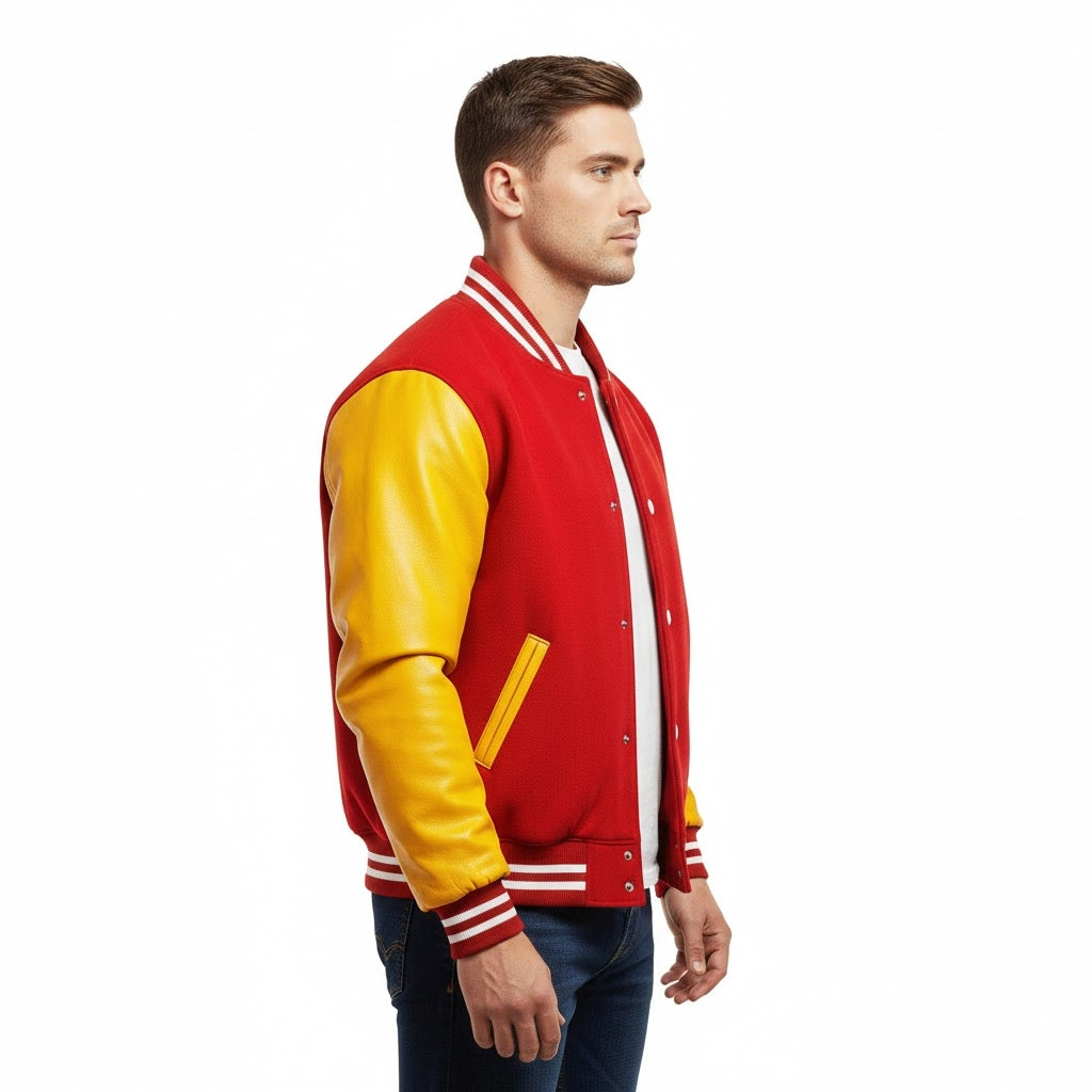 Men’s Red & Yellow Leather sleeves Varsity Jacket