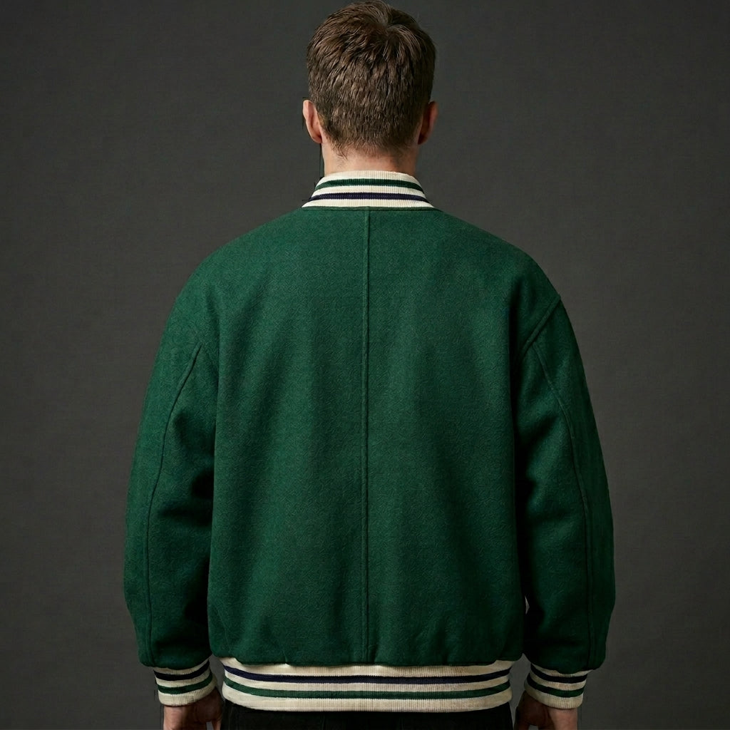 Men’s Green Wool Varsity Jacket – Classic Letterman Bomber Style