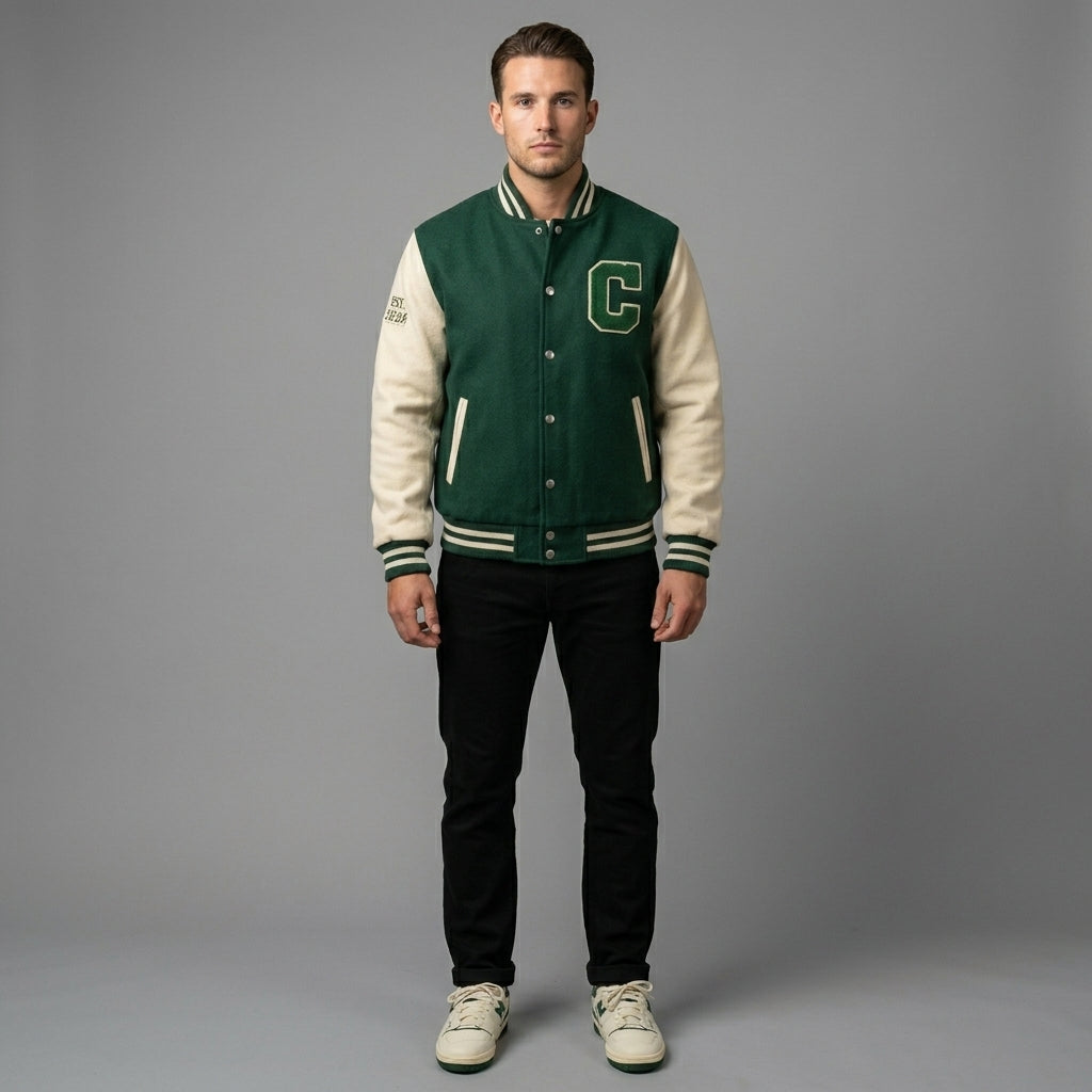 Men’s Light Green Varsity Jacket – Slim Fit Letterman with Cream Faux Leather Sleeves