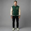Men’s Light Green Varsity Jacket – Slim Fit Letterman with Cream Faux Leather Sleeves