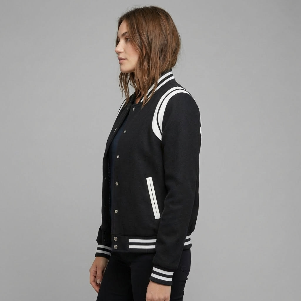 Midnight Black Varsity Jacket with White Lining – Women