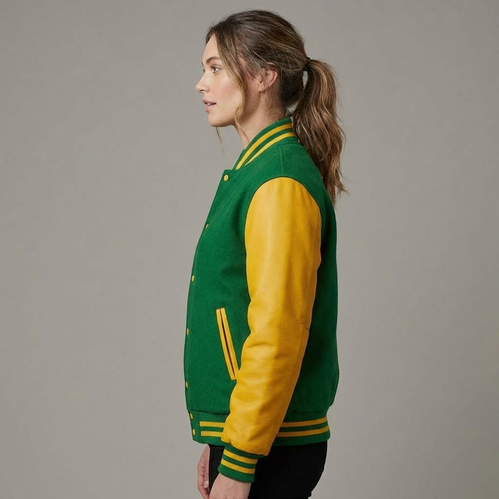 Green & Yellow Sleeves Women Varsity Jacket