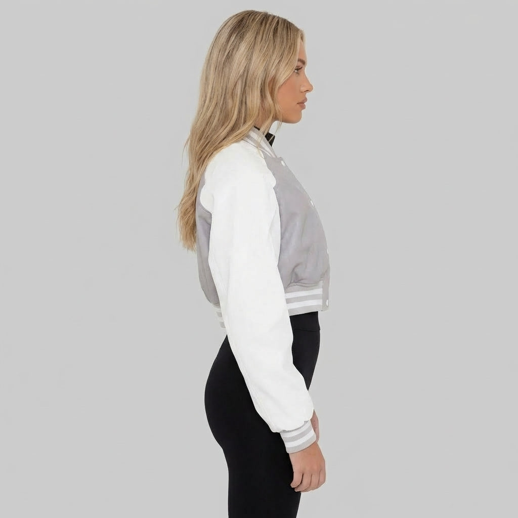 Grey & White Women’s Varsity Jacket – Chic Streetwear Edition