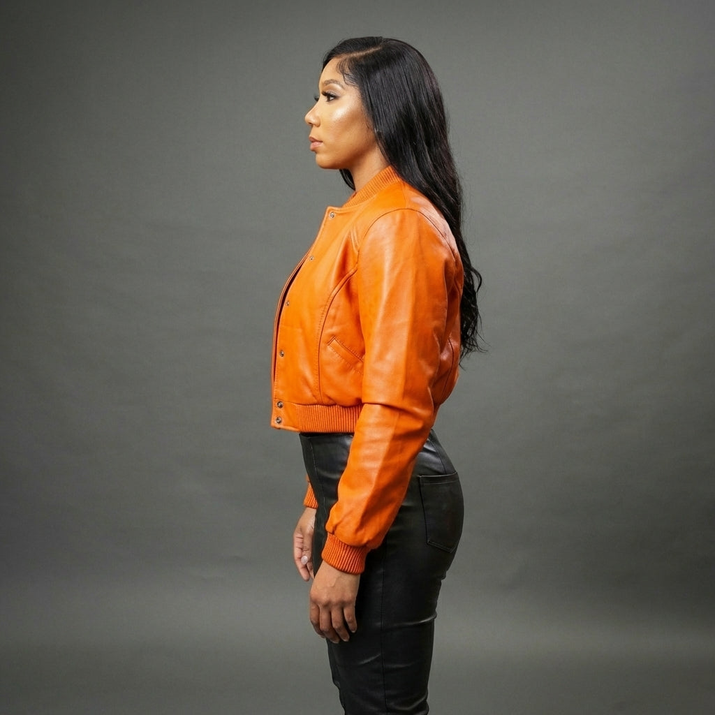 Radiant Orange Leather Women’s Varsity Jacket