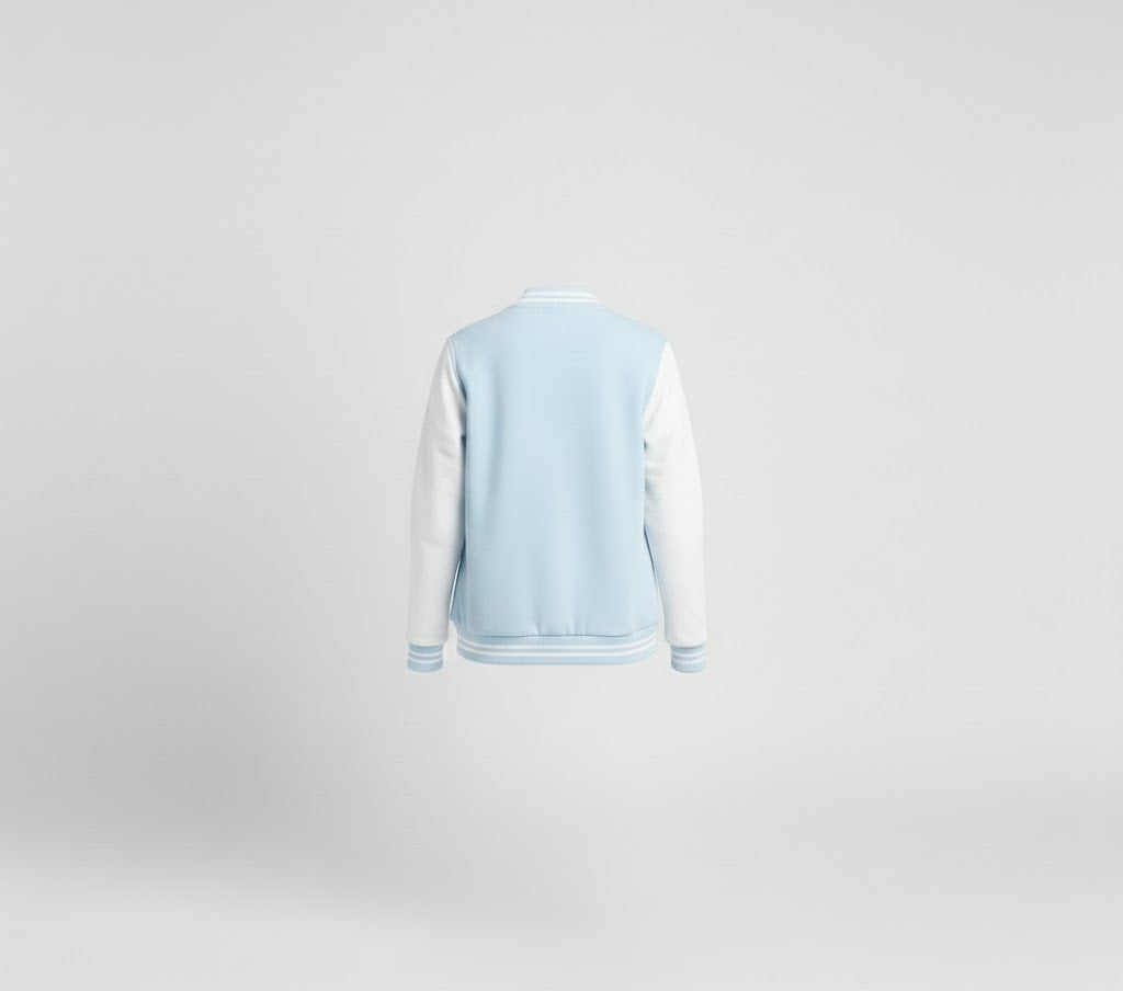 sky blue body with white leather sleeves womens  varsity jacket