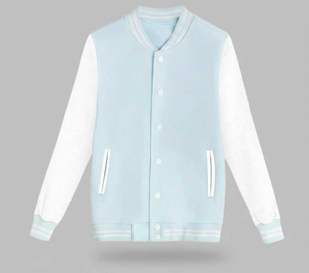 sky blue body with white leather sleeves womens  varsity jacket