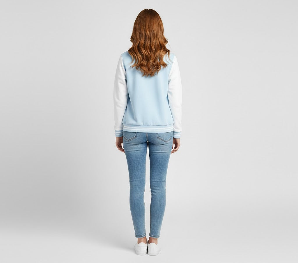 sky blue body with white leather sleeves womens  varsity jacket