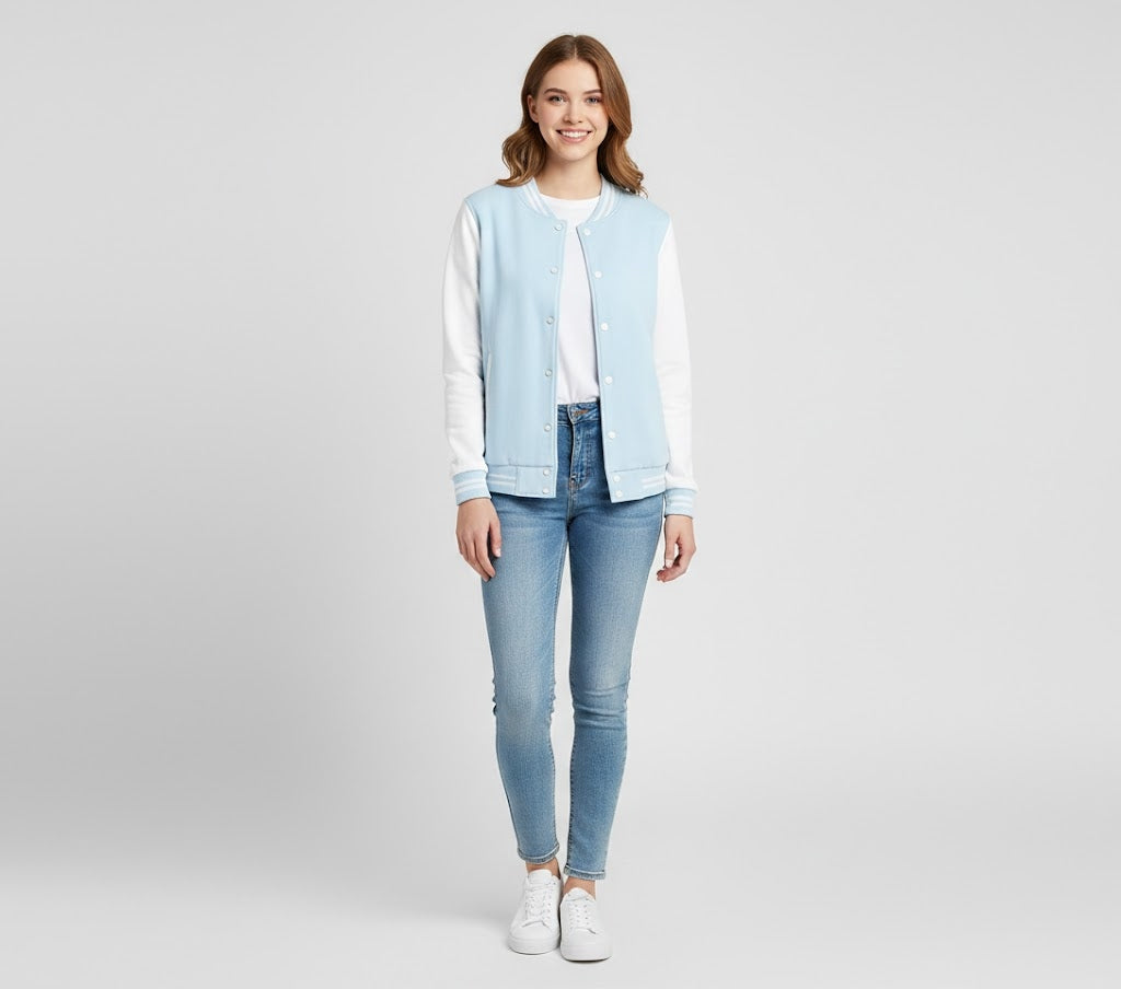 sky blue body with white leather sleeves womens  varsity jacket
