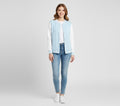 sky blue body with white leather sleeves womens  varsity jacket