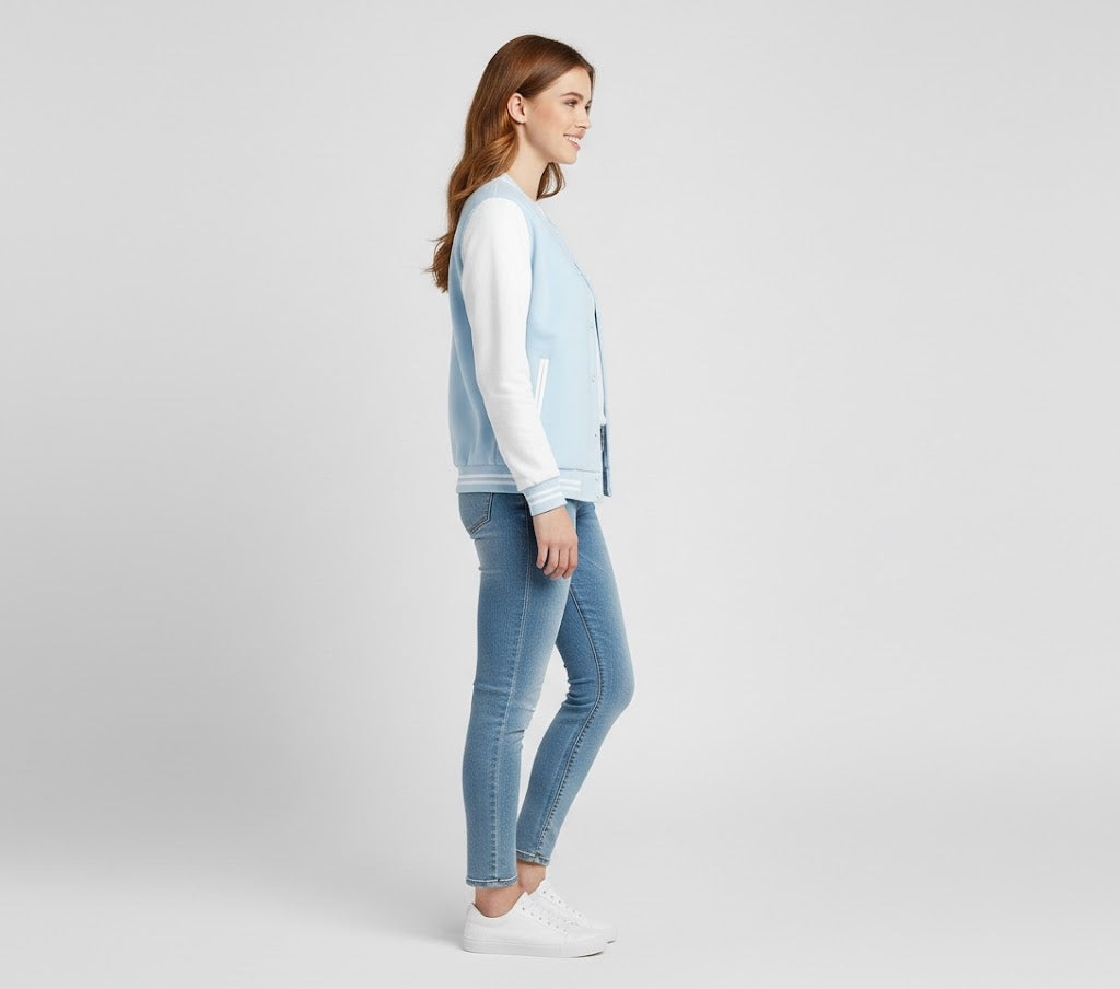 sky blue body with white leather sleeves womens  varsity jacket