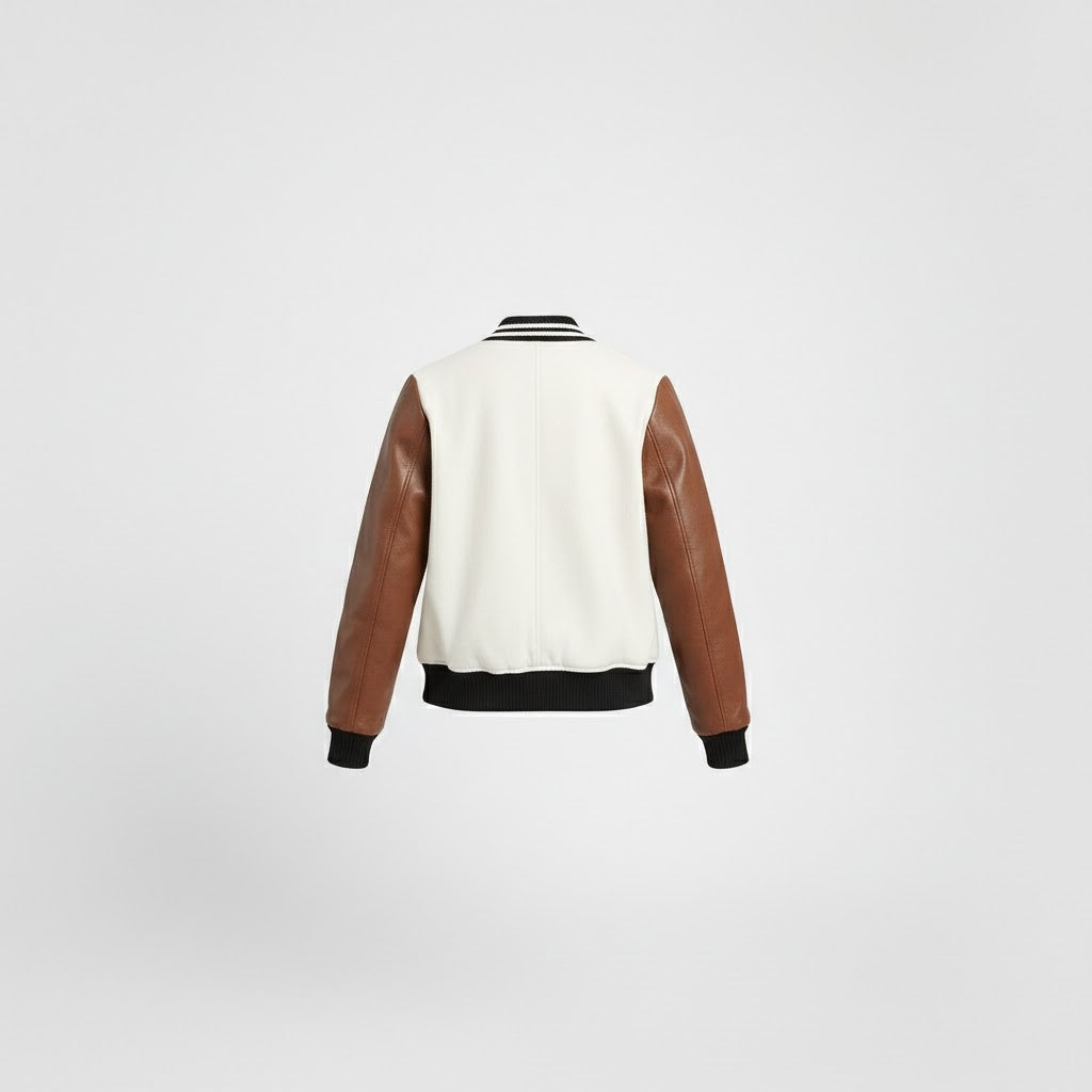 white body & Brown sleeves leather women Varsity Jacket