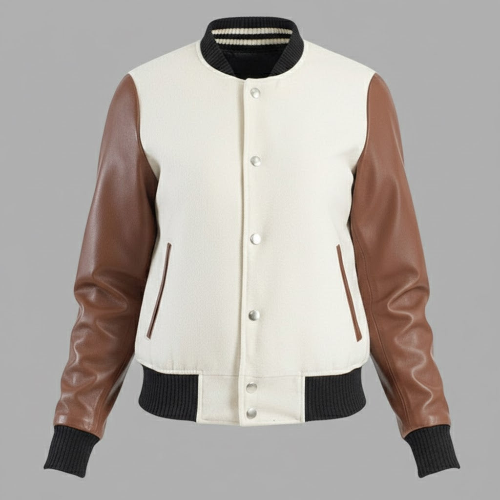 white body & Brown sleeves leather women Varsity Jacket