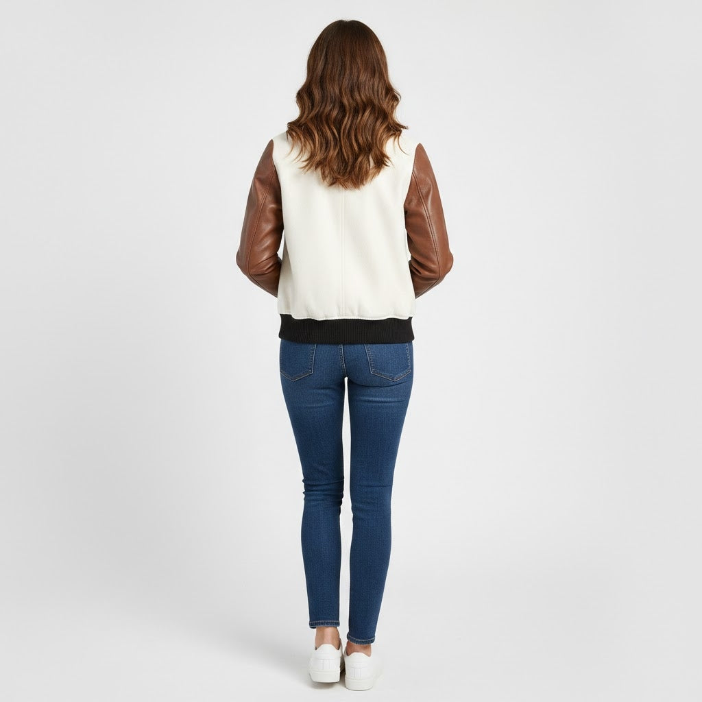 white body & Brown sleeves leather women Varsity Jacket