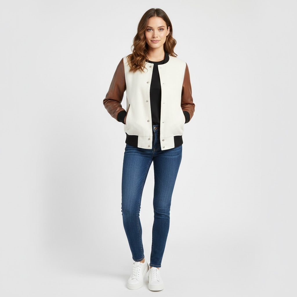 white body & Brown sleeves leather women Varsity Jacket