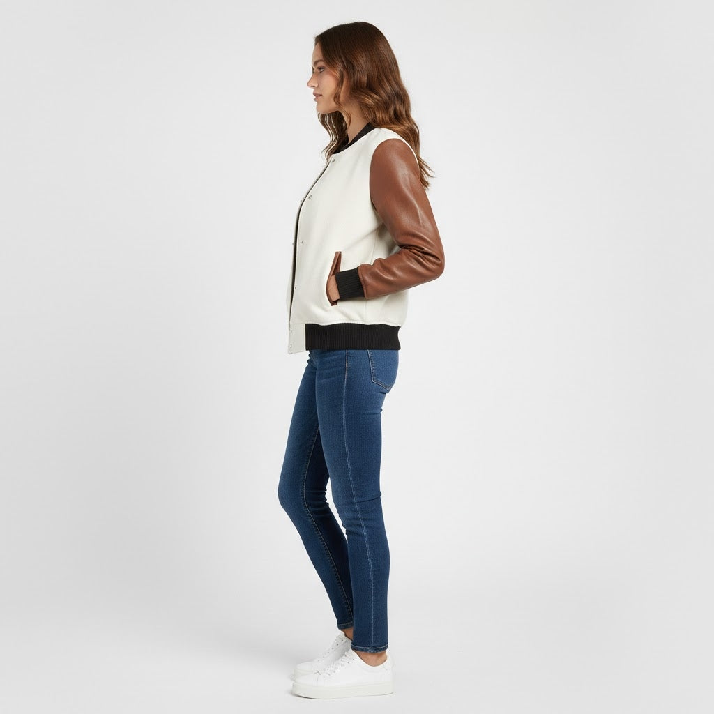 white body & Brown sleeves leather women Varsity Jacket
