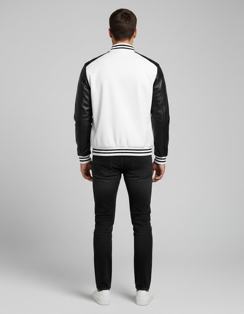 white body black leather sleeves varsity jacket men