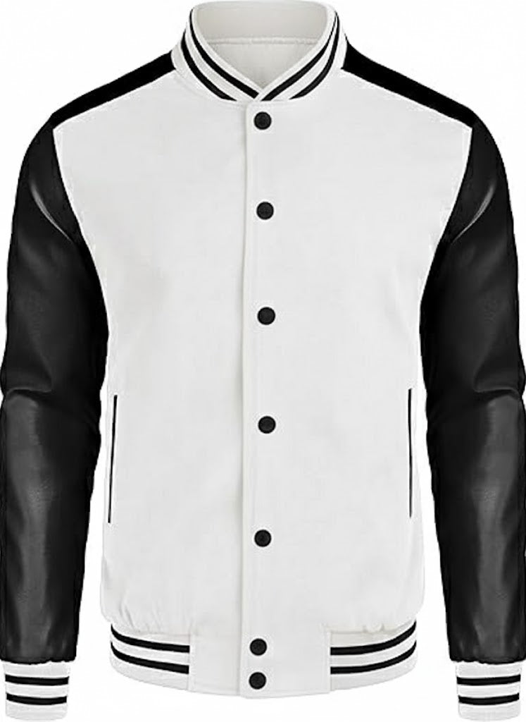 white body black leather sleeves varsity jacket men