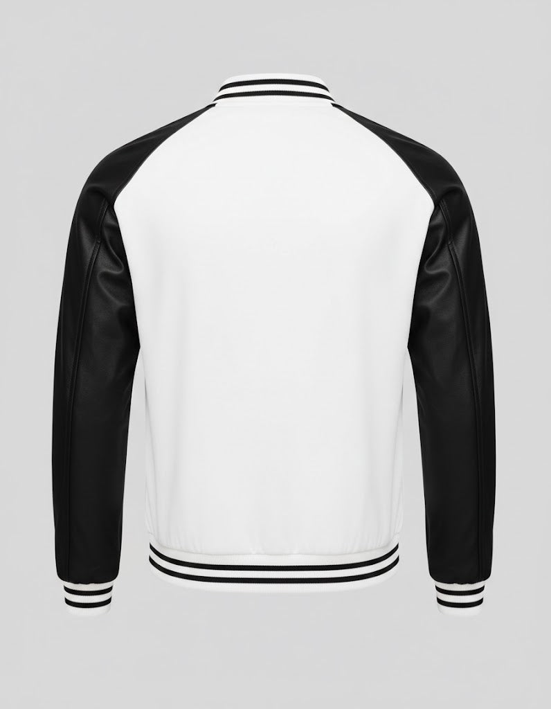 white body black leather sleeves varsity jacket men