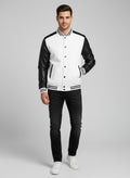 white body black leather sleeves varsity jacket men